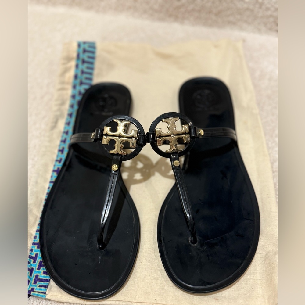 Tory Burch Black Patent Jelly Sandals with Gold Logo Emblem